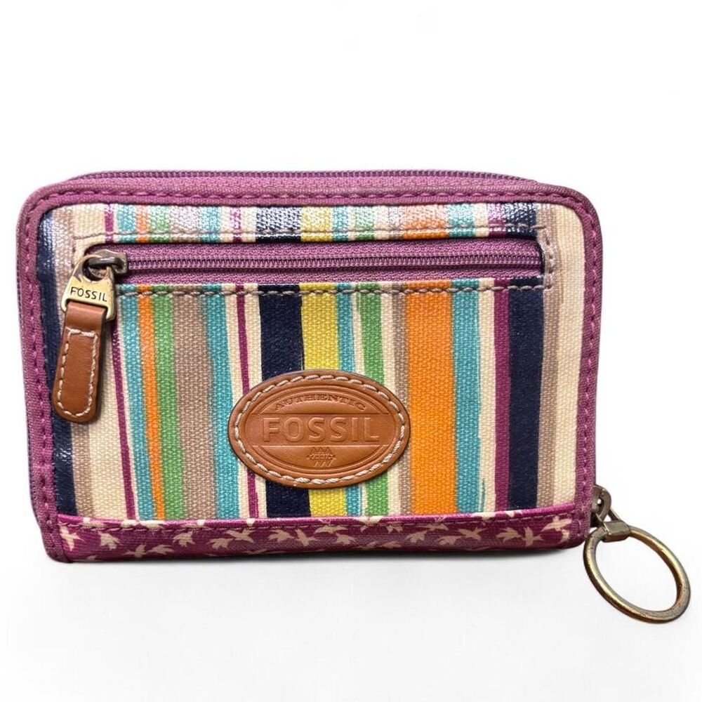Fossil Multicolor Striped Zip Wallet Wristlet Key Ring Organizer